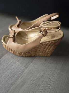 Kate Spade Tan Woven Wedge Slingback Sandals